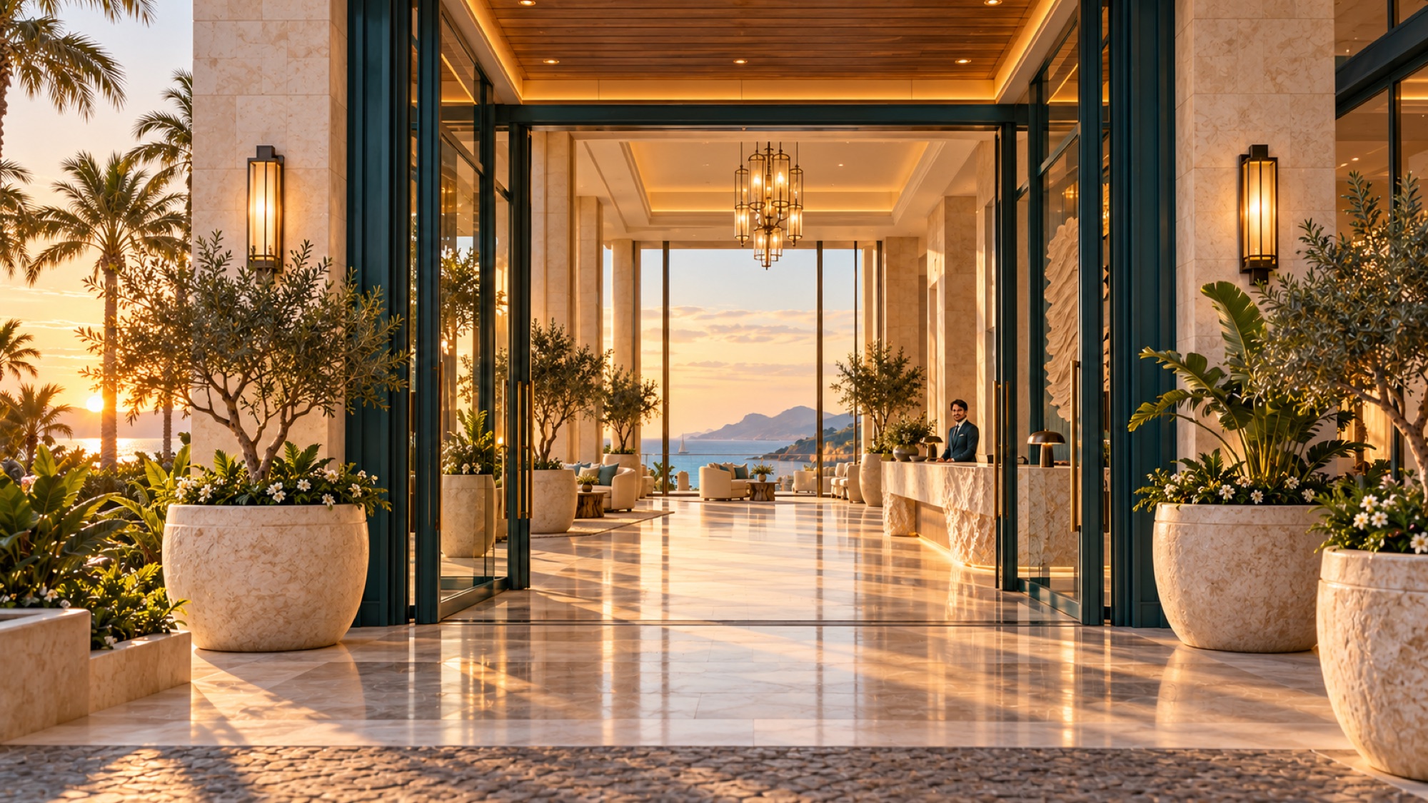 Illustrative view through a hotel entrance toward the lobby