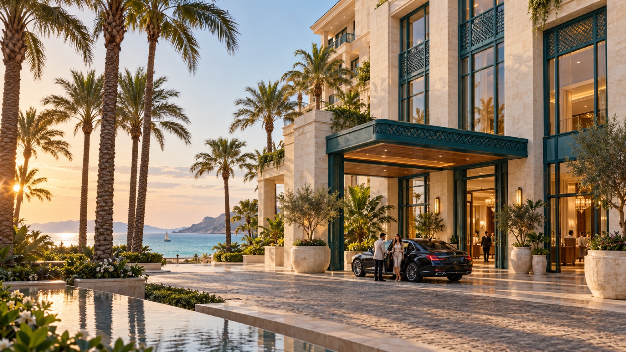Illustrative coastal luxury hotel exterior at sunset