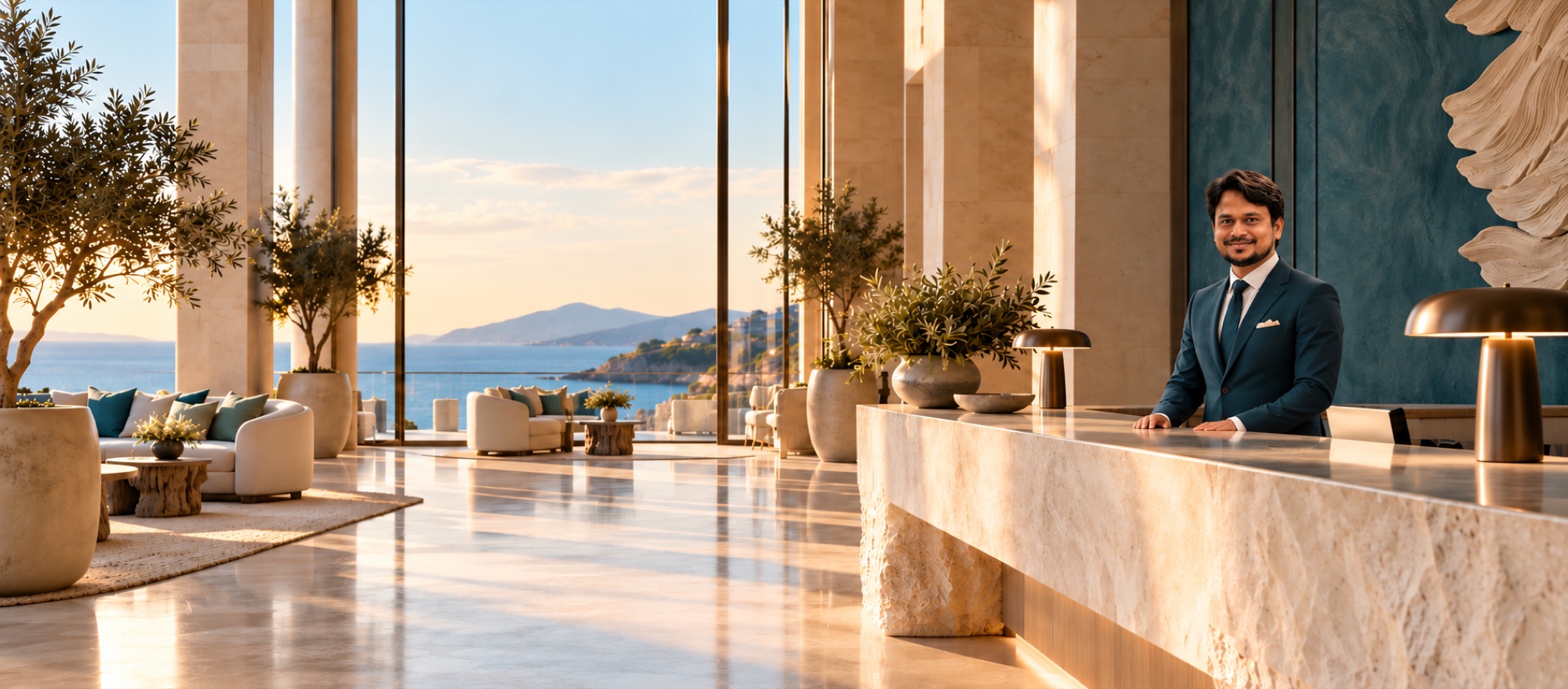 Illustrative hotel lobby with the Calverion host at the reception table